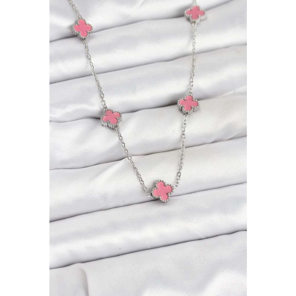 316L Çelik Zincir Gümüş Renk Pembe Baby Boy Yonca Kadın Kolye
