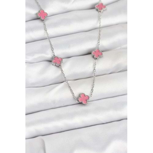 316L Çelik Zincir Gümüş Renk Pembe Baby Boy Yonca Kadın Kolye