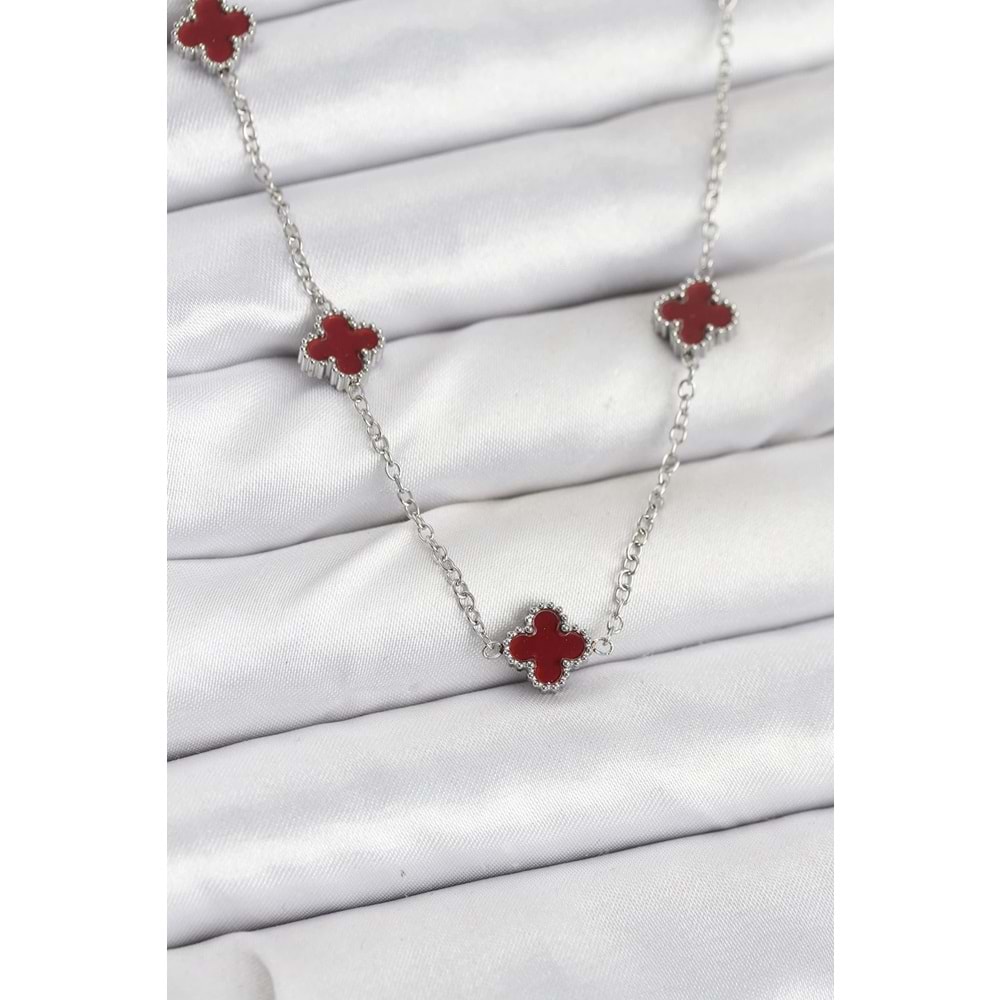 316L Çelik Zincir Gümüş Renk Bordo Baby Boy Yonca Kadın Kolye