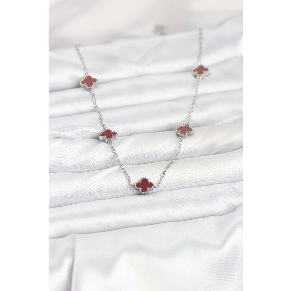 316L Çelik Zincir Gümüş Renk Bordo Baby Boy Yonca Kadın Kolye