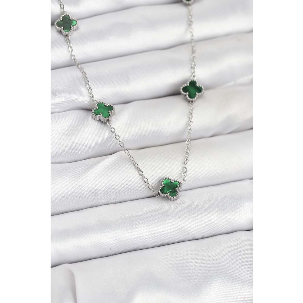 316L Çelik Zincir Gümüş Renk Yeşil Baby Boy Yonca Kadın Kolye