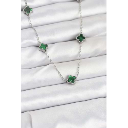 316L Çelik Zincir Gümüş Renk Yeşil Baby Boy Yonca Kadın Kolye