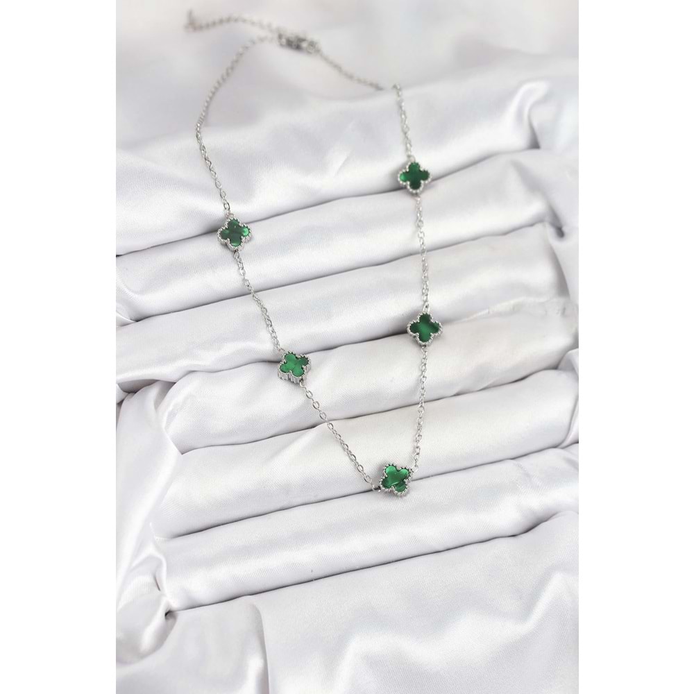 316L Çelik Zincir Gümüş Renk Yeşil Baby Boy Yonca Kadın Kolye