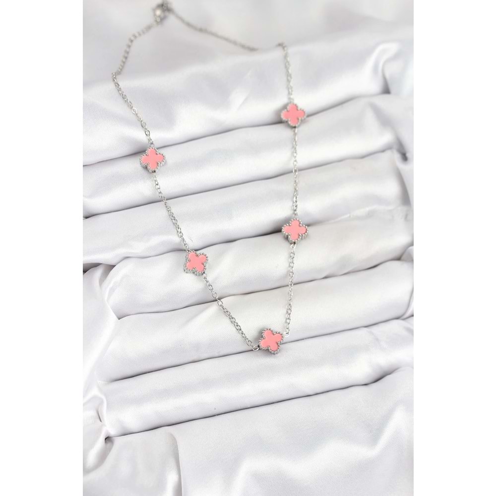 316L Çelik Zincir Gümüş Renk Pembe Baby Boy Yonca Kadın Kolye