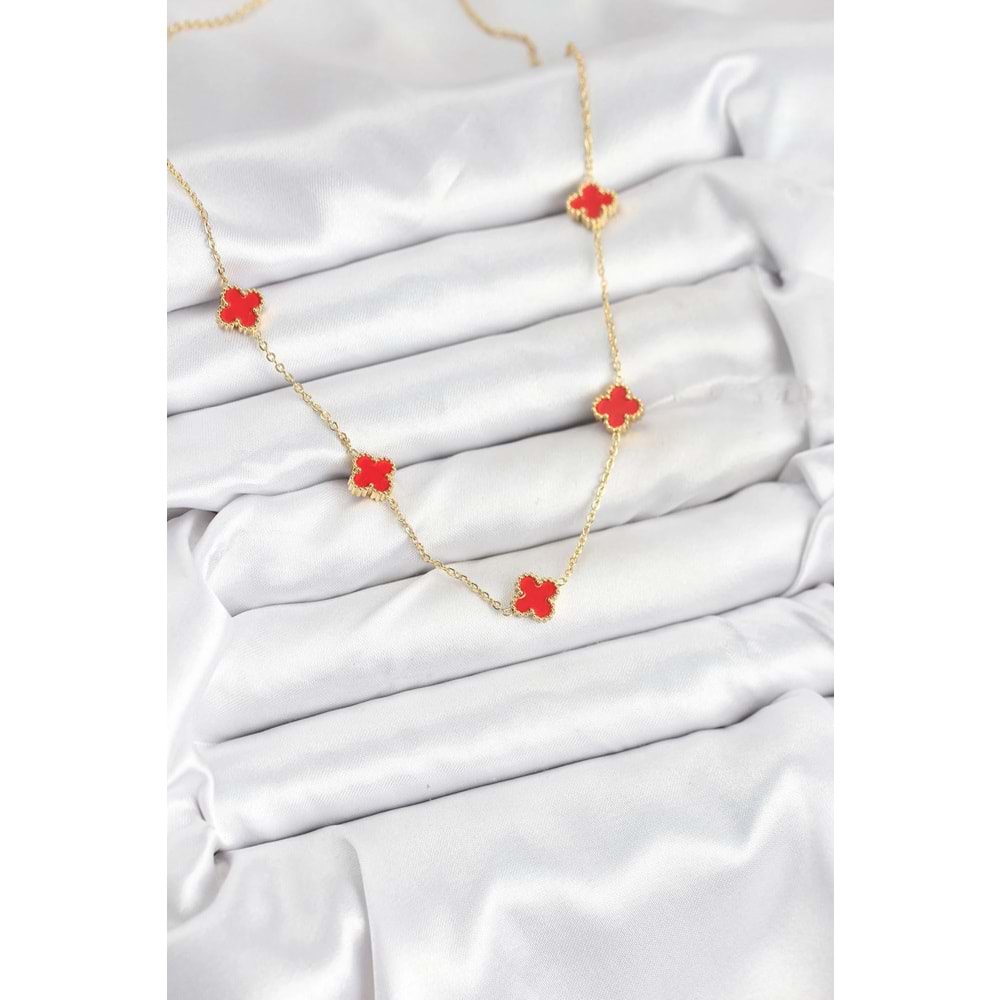 316L Çelik Zincir Gold Renk Kırmızı Baby Boy Yonca Kadın Kolye