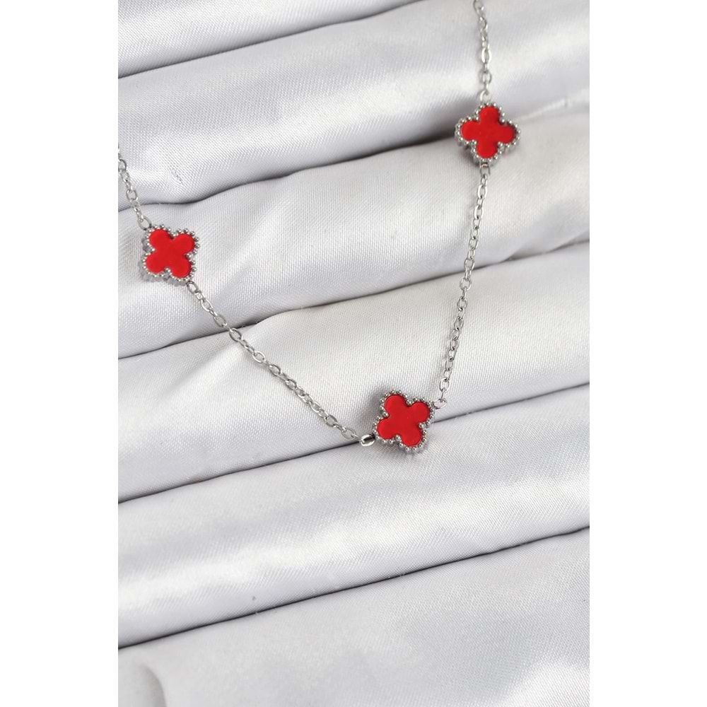 316L Çelik Zincir Gümüş Renk Kırmızı Baby Boy Yonca Kadın Kolye
