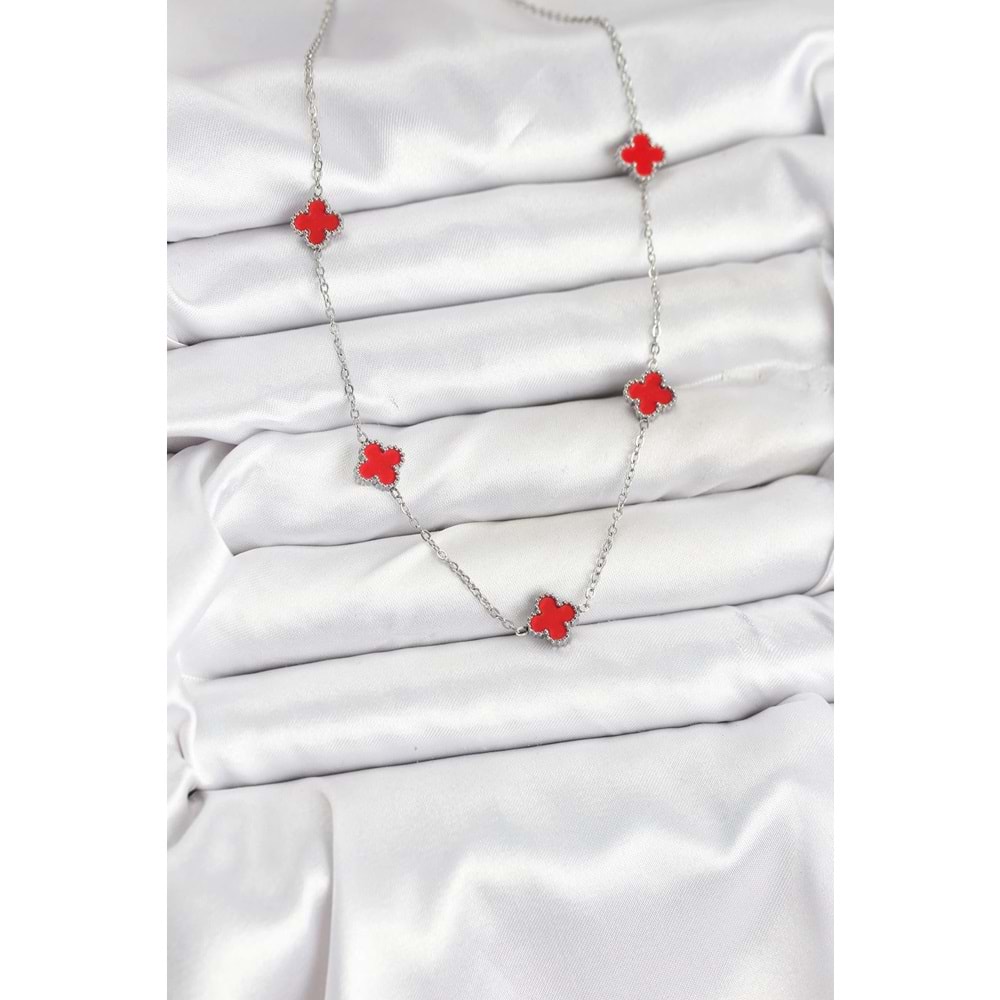 316L Çelik Zincir Gümüş Renk Kırmızı Baby Boy Yonca Kadın Kolye