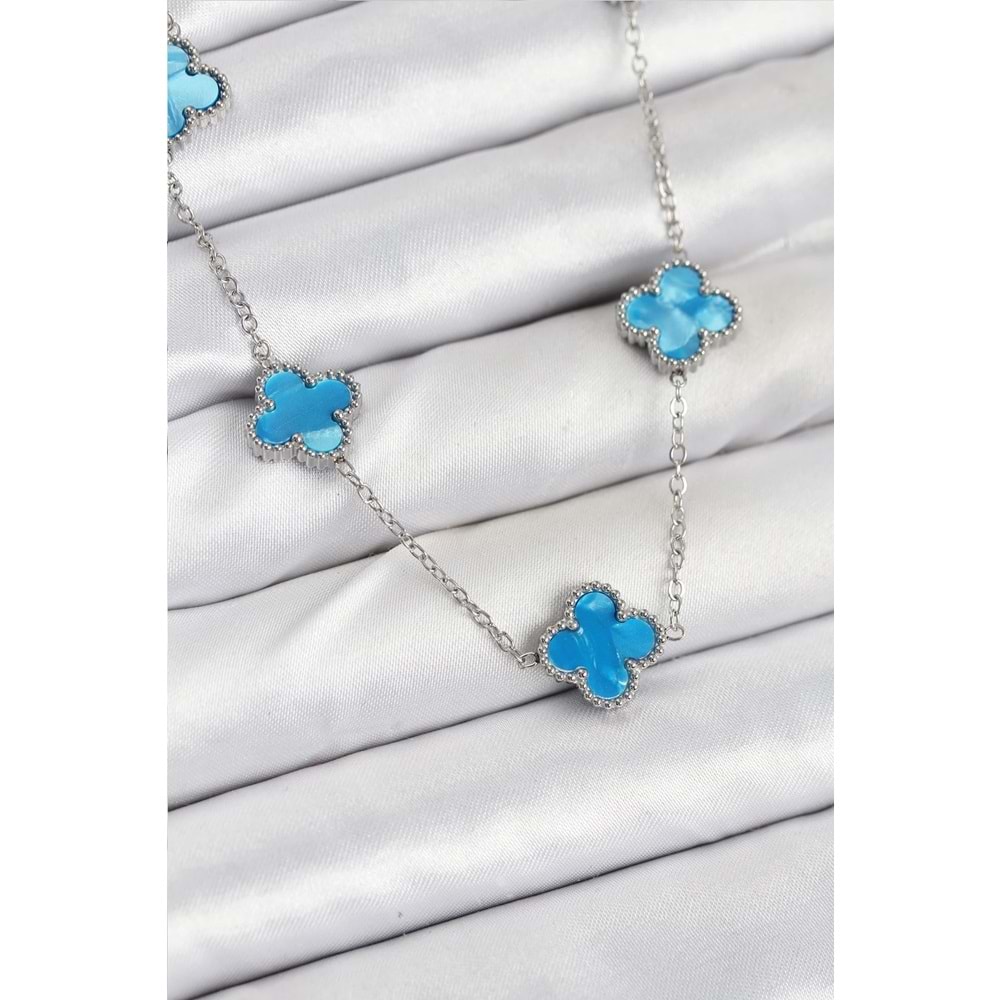 316L Çelik Zincir Gümüş Buz Mavisi Renk Yonca Kadın Kolye