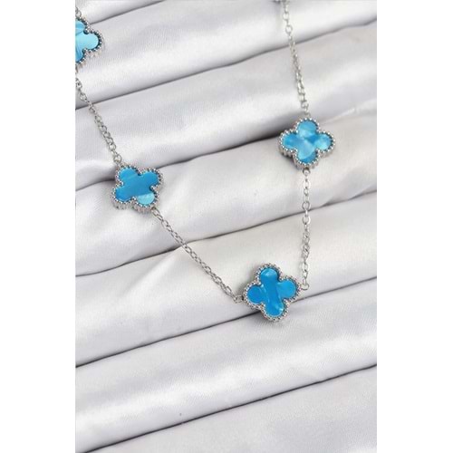 316L Çelik Zincir Gümüş Buz Mavisi Renk Yonca Kadın Kolye