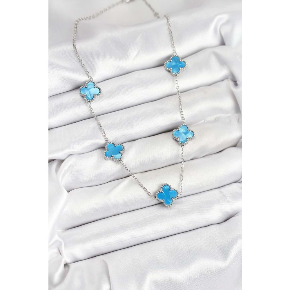 316L Çelik Zincir Gümüş Buz Mavisi Renk Yonca Kadın Kolye
