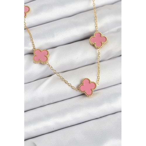 316L Çelik Zincir Gold Pembe Renk Yonca Kadın Kolye