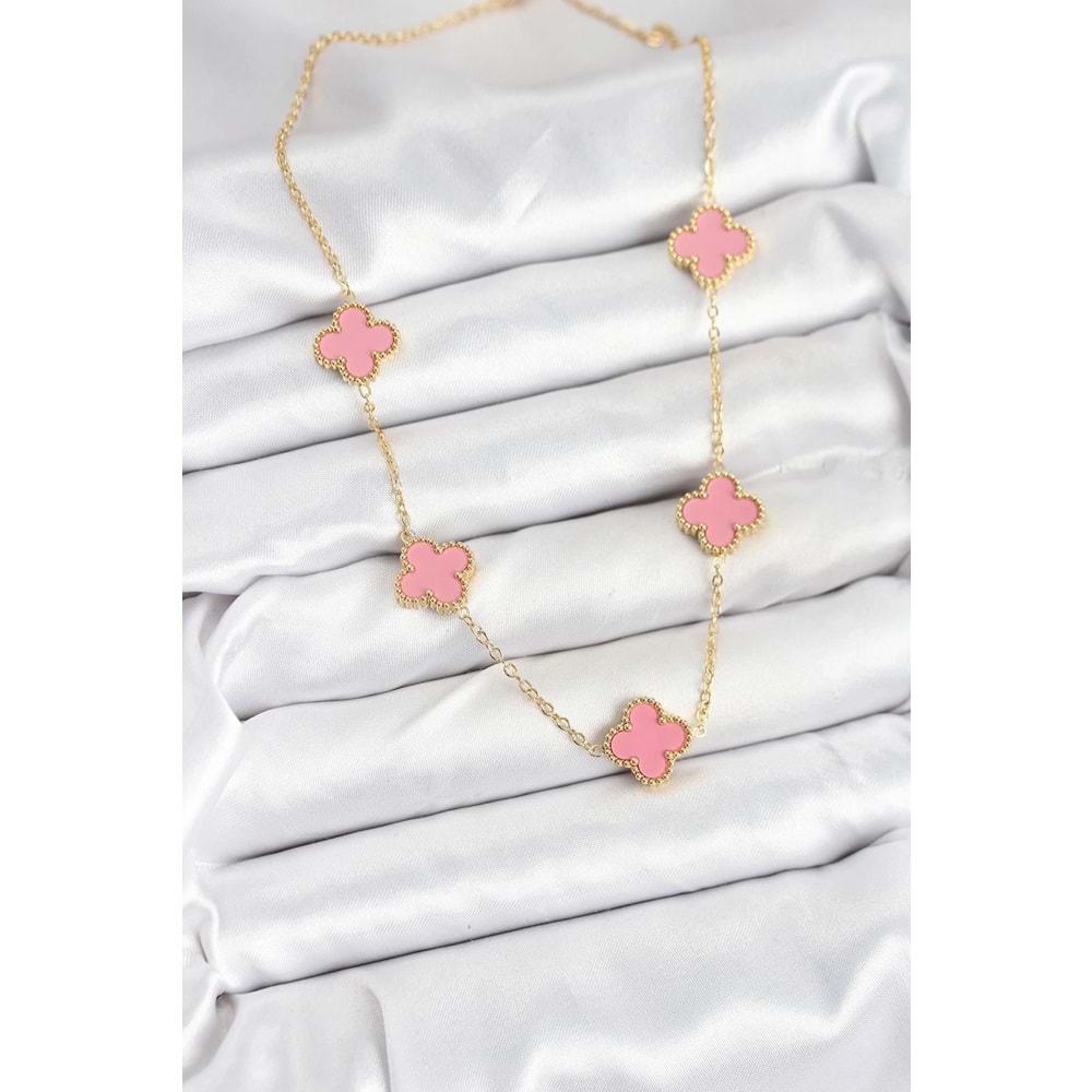 316L Çelik Zincir Gold Pembe Renk Yonca Kadın Kolye