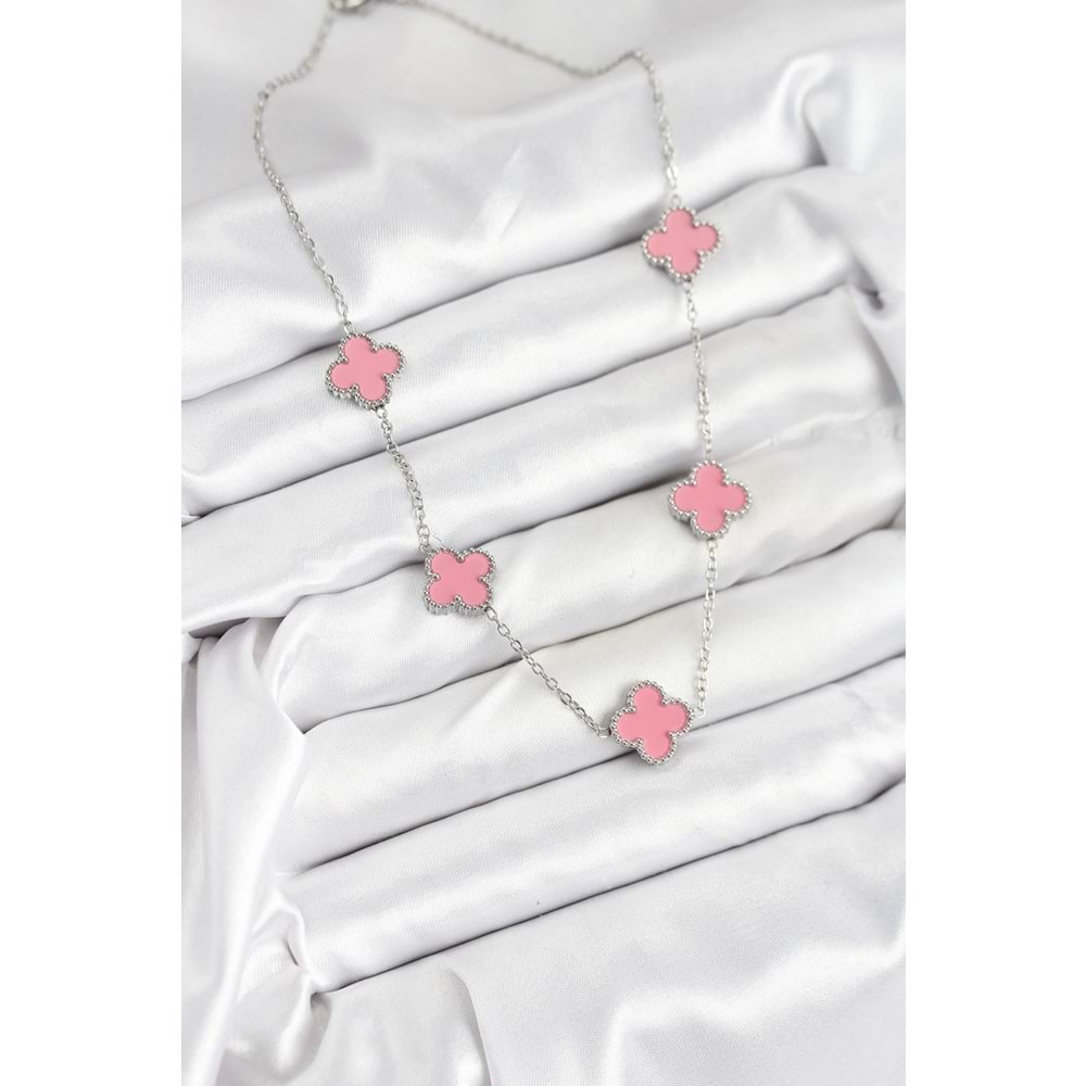 316L Çelik Zincir Gümüş Pembe Renk Yonca Kadın Kolye