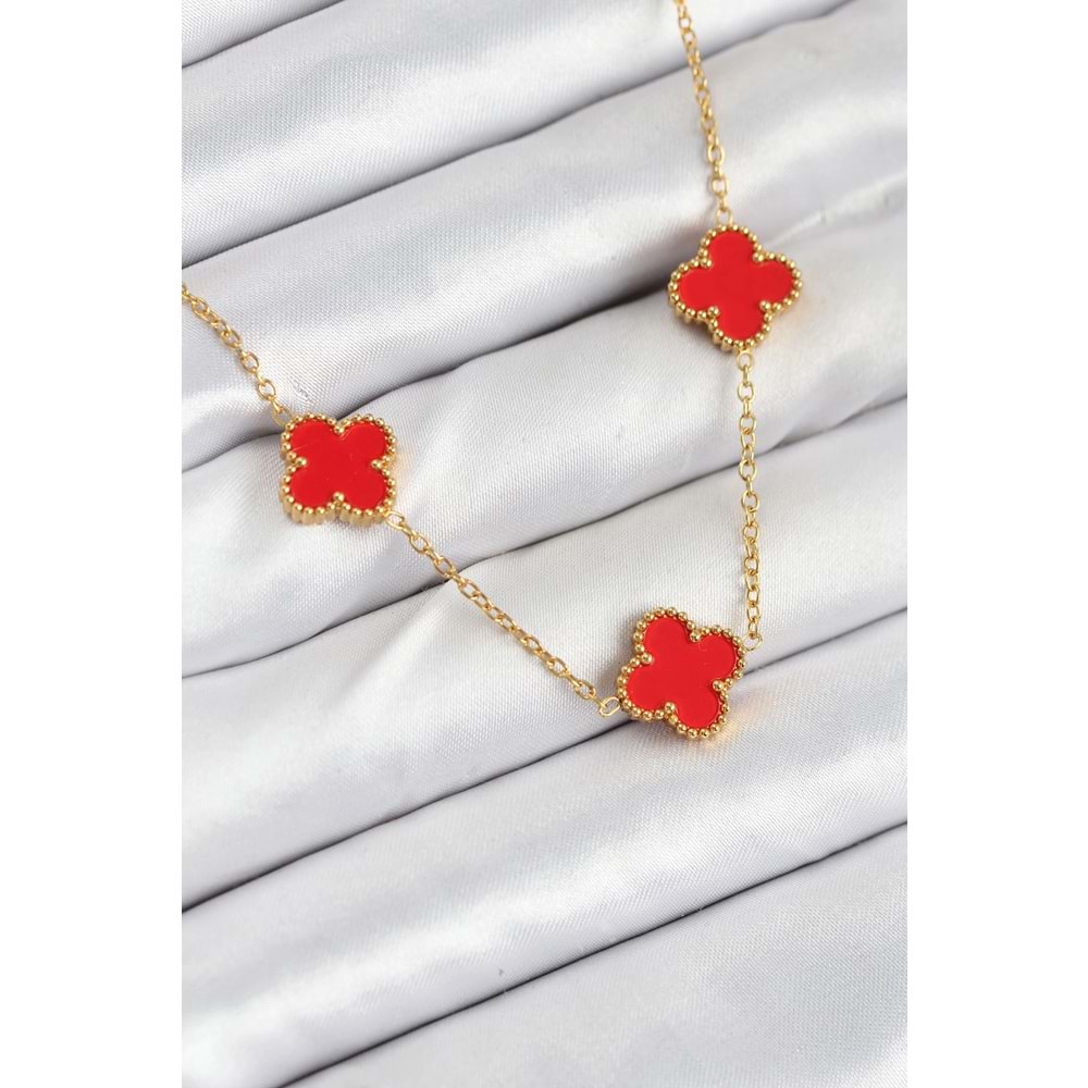 316L Çelik Zincir Gold Kırmızı Renk Yonca Kadın Kolye