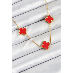 316L Çelik Zincir Gold Kırmızı Renk Yonca Kadın Kolye