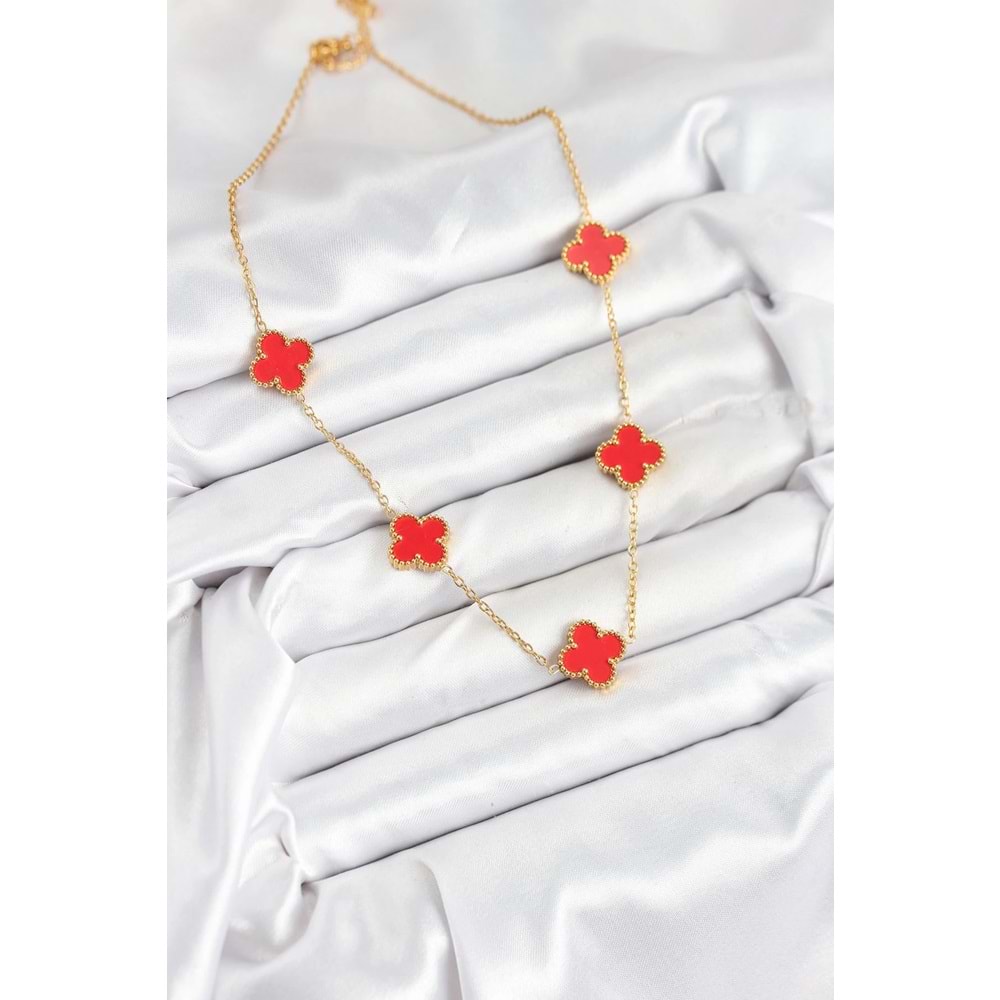 316L Çelik Zincir Gold Kırmızı Renk Yonca Kadın Kolye