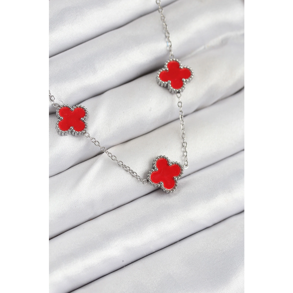 316L Çelik Zincir Gümüş Kırmızı Renk Yonca Kadın Kolye