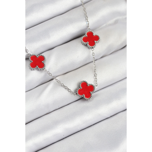 316L Çelik Zincir Gümüş Kırmızı Renk Yonca Kadın Kolye