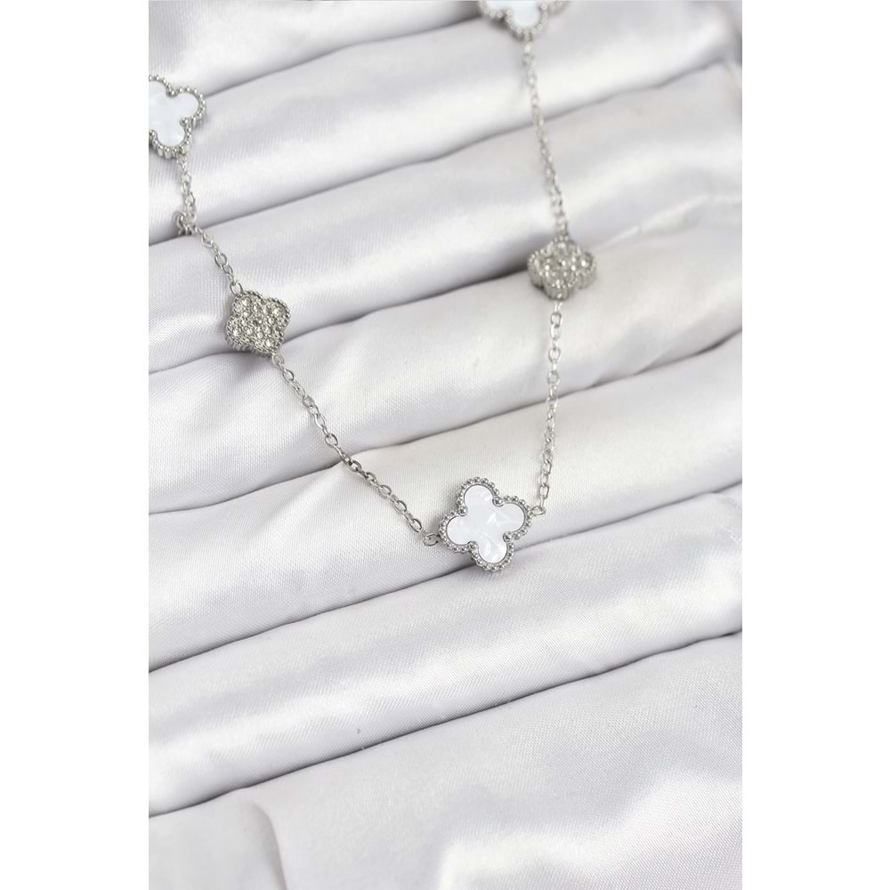 316L Çelik Zincir Gümüş Renk Beyaz ve Zirkon Taşlı Yonca Kadın Kolye