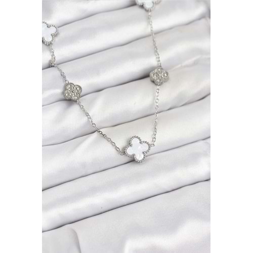 316L Çelik Zincir Gümüş Renk Beyaz ve Zirkon Taşlı Yonca Kadın Kolye