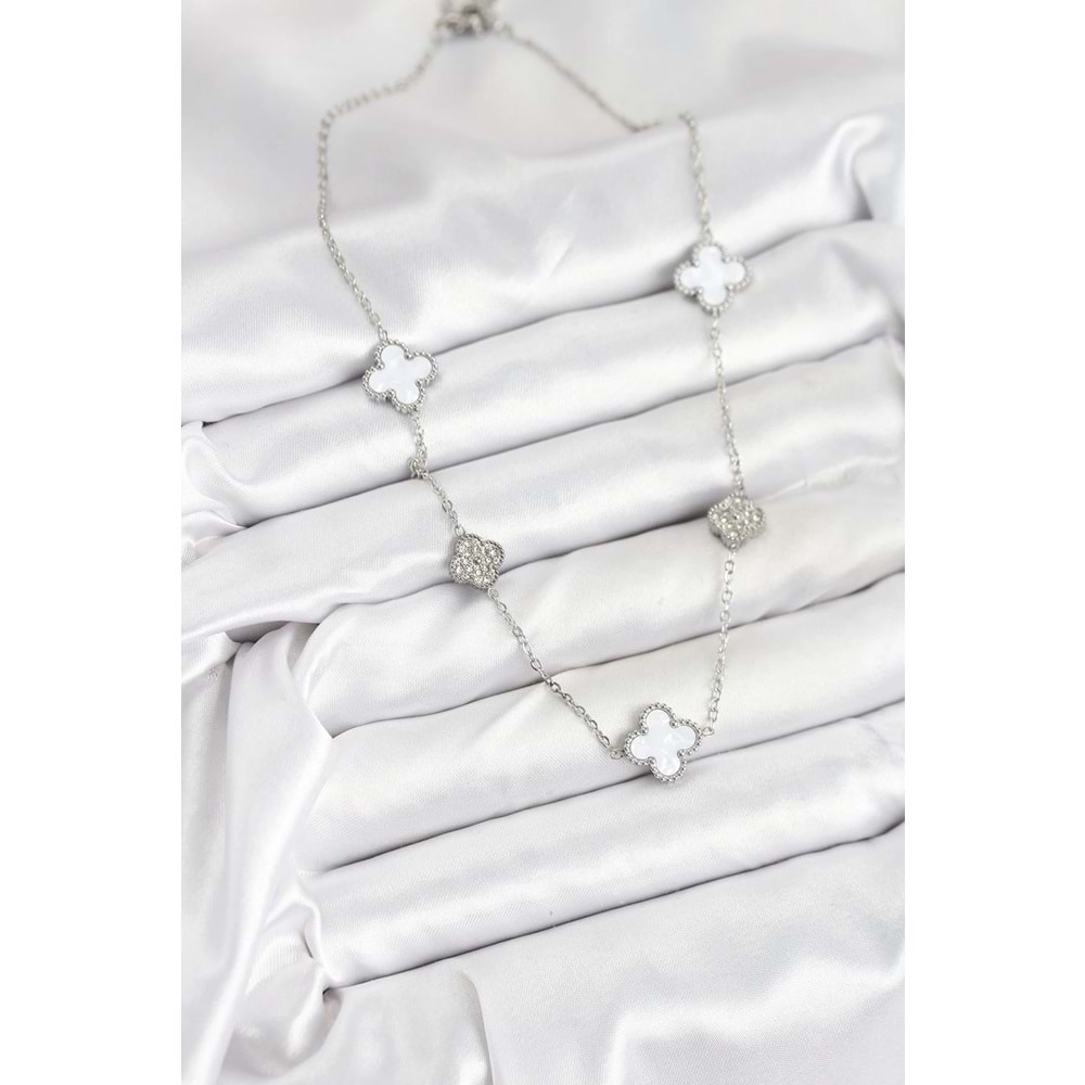316L Çelik Zincir Gümüş Renk Beyaz ve Zirkon Taşlı Yonca Kadın Kolye