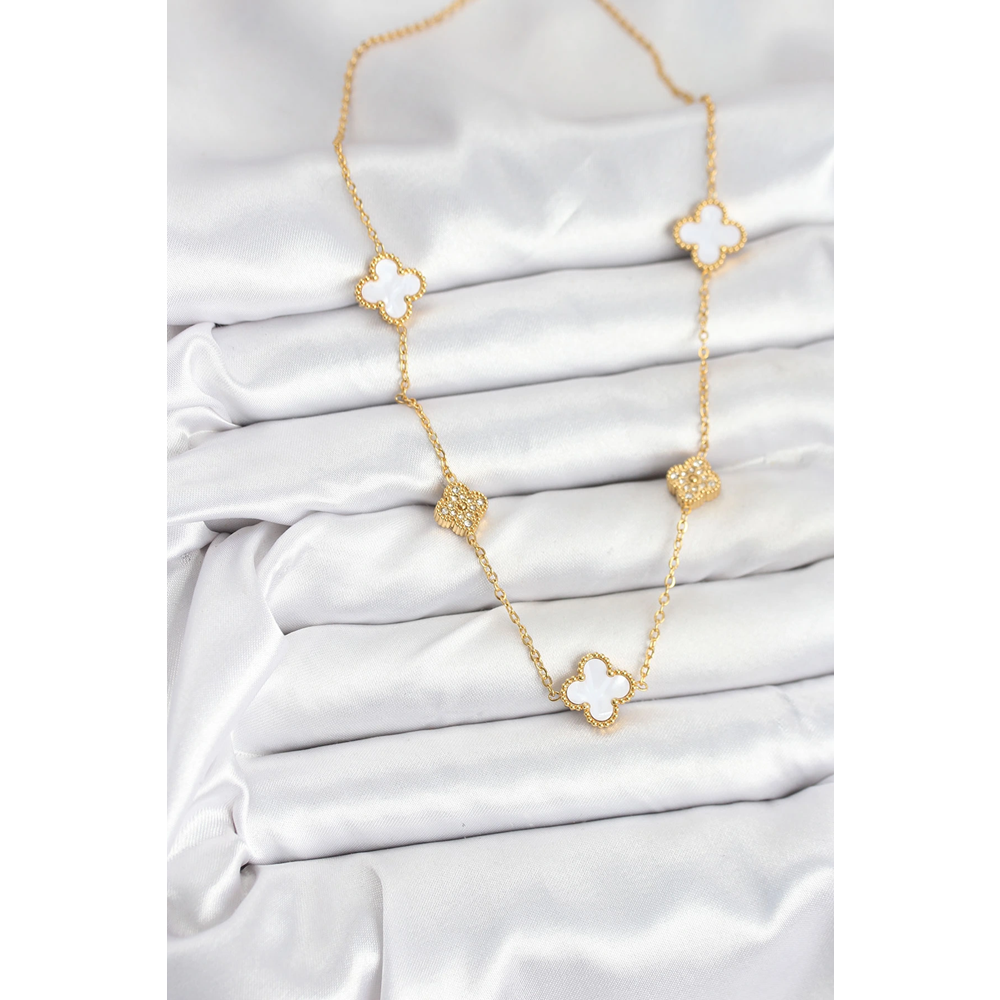 316L Çelik Zincir Gold Renk Beyaz ve Zirkon Taşlı Yonca Kadın Kolye