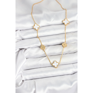 316L Çelik Zincir Gold Renk Beyaz ve Zirkon Taşlı Yonca Kadın Kolye