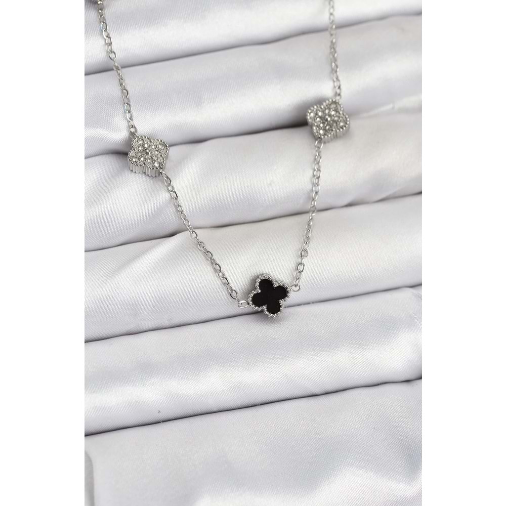 316L Çelik Zincir Gümüş Renk Siyah ve Zirkon Taşlı Baby Boy Yonca Kadın Kolye