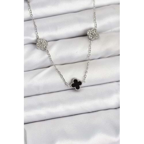 316L Çelik Zincir Gümüş Renk Siyah ve Zirkon Taşlı Baby Boy Yonca Kadın Kolye