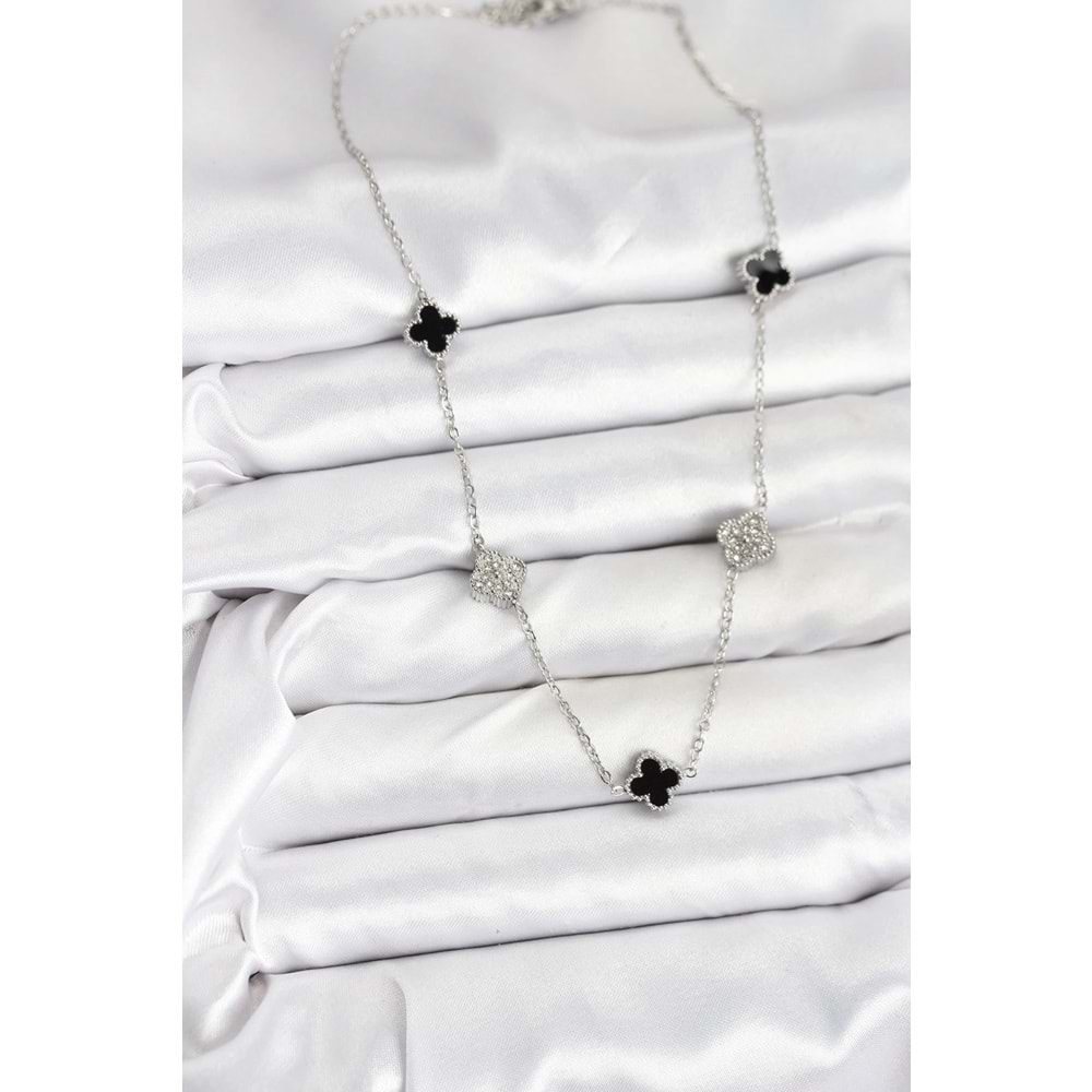 316L Çelik Zincir Gümüş Renk Siyah ve Zirkon Taşlı Baby Boy Yonca Kadın Kolye