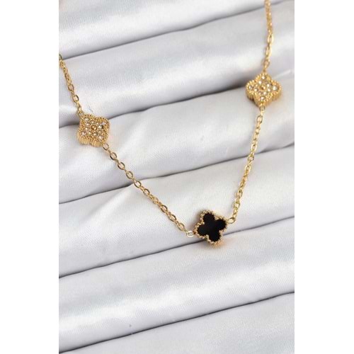 316L Çelik Zincir Gold Renk Siyah ve Zirkon Taşlı Baby Boy Yonca Kadın Kolye