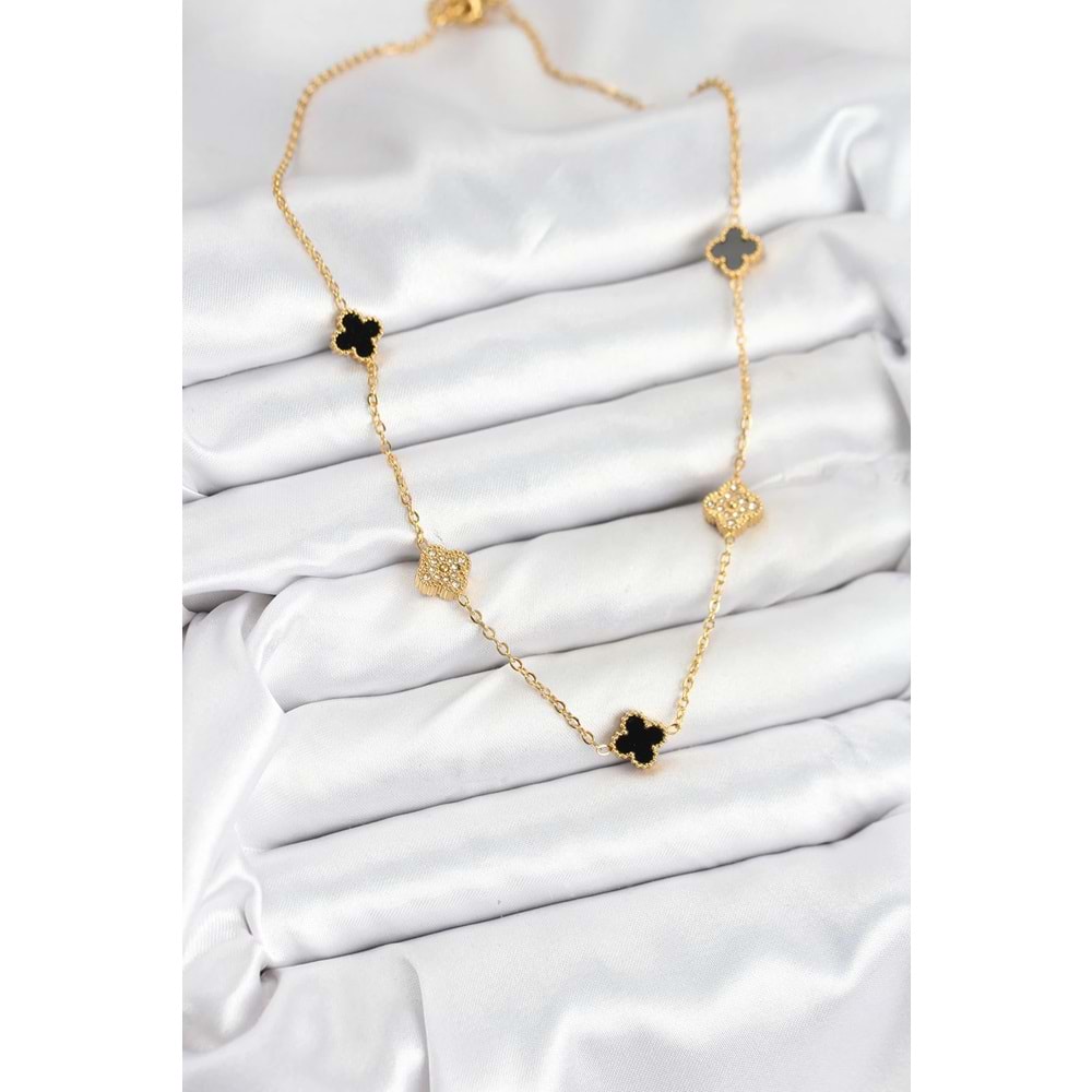 316L Çelik Zincir Gold Renk Siyah ve Zirkon Taşlı Baby Boy Yonca Kadın Kolye