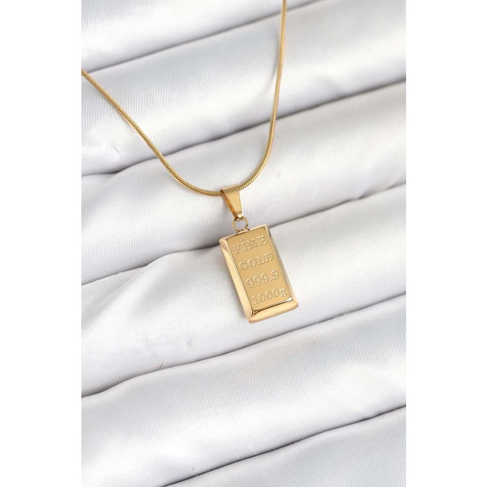 316L Çelik Gold Renk Külçe Altın Model Kolye