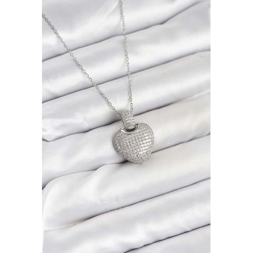 316L Çelik Zincir Gümüş Renk Zirkon Taşlı Kalpli Kadın Kolye