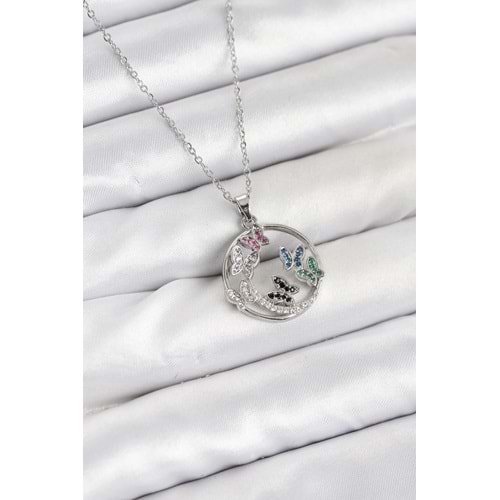 316L Çelik Zincir Gümüş Renk Zirkon Taşlı Kelebekli Kadın Kolye