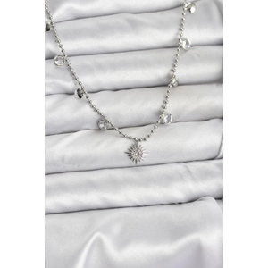 Zirkon Taşlı Kutup Yıldızı Model Pirinç Gümüş Renk Kadın Kolye