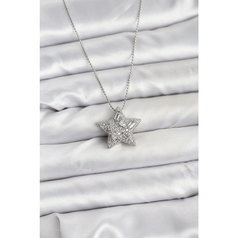 316L Çelik Zincir Gümüş Renk Zincirli Gümüş Yıldız Model Kadın Kolye