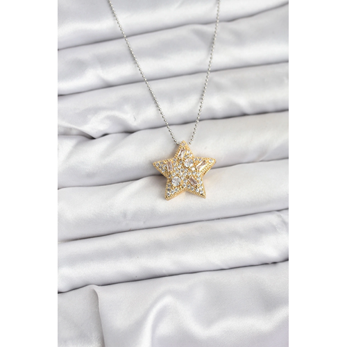 316L Çelik Zincir Gümüş Renk Zincirli Gold Yıldız Model Kadın Kolye