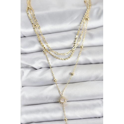 Pirinç Gold Renk Güneş Model Detaylı 3'lü Kombin Y Kadın Kolye