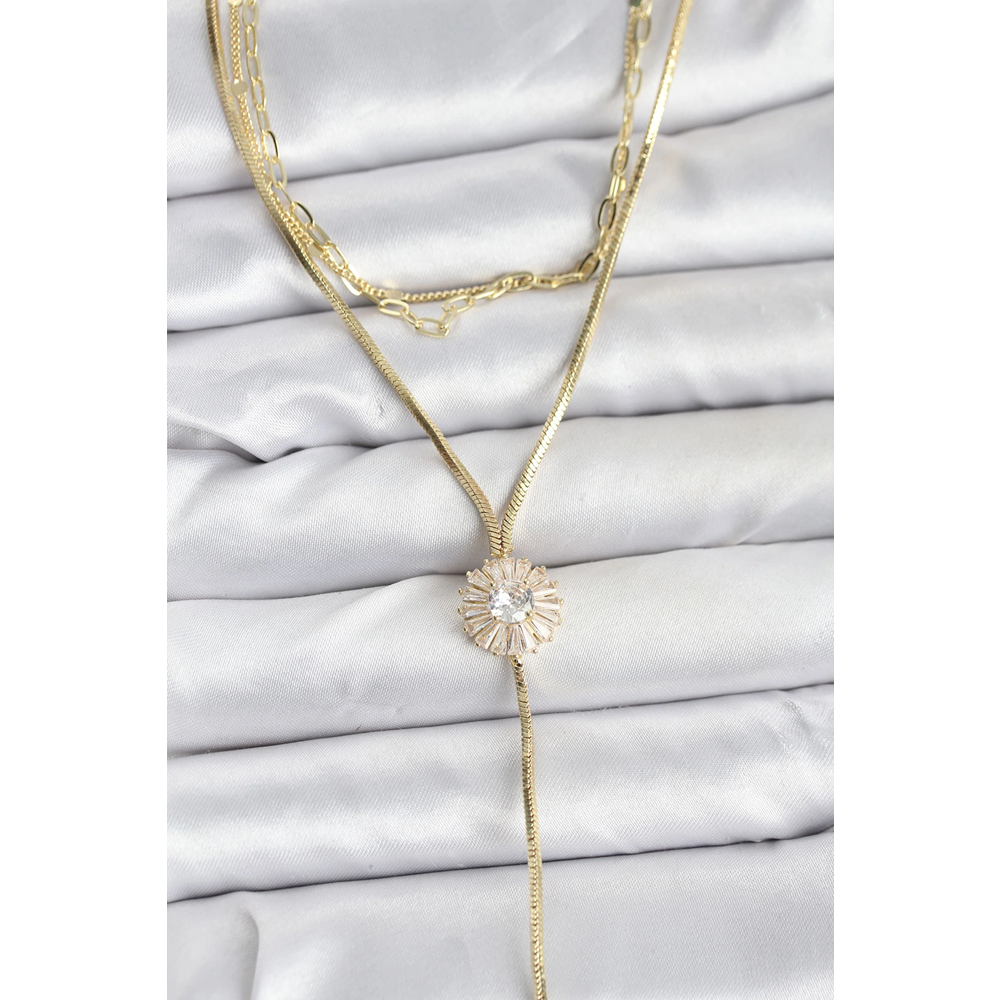 Pirinç Gold Renk Zirkon Taşlı Papatya Model Detaylı 3'lü Kombin Y Kadın Kolye