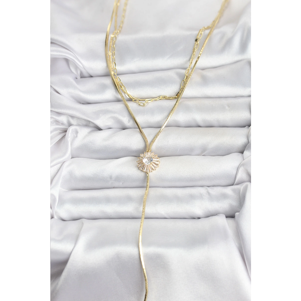 Pirinç Gold Renk Zirkon Taşlı Papatya Model Detaylı 3'lü Kombin Y Kadın Kolye