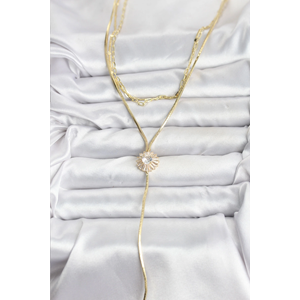 Pirinç Gold Renk Zirkon Taşlı Papatya Model Detaylı 3'lü Kombin Y Kadın Kolye