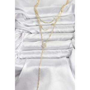 Pirinç Gold Renk Zirkon Taşlı Çiçek Model Detaylı 3'lü Kombin Y Kadın Kolye