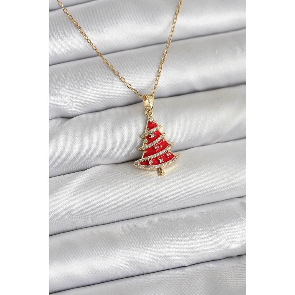316L Çelik Zincir Gold Renk Kırmızı Çam Ağacı Model Yılbaşı Temalı Kadın Kolye