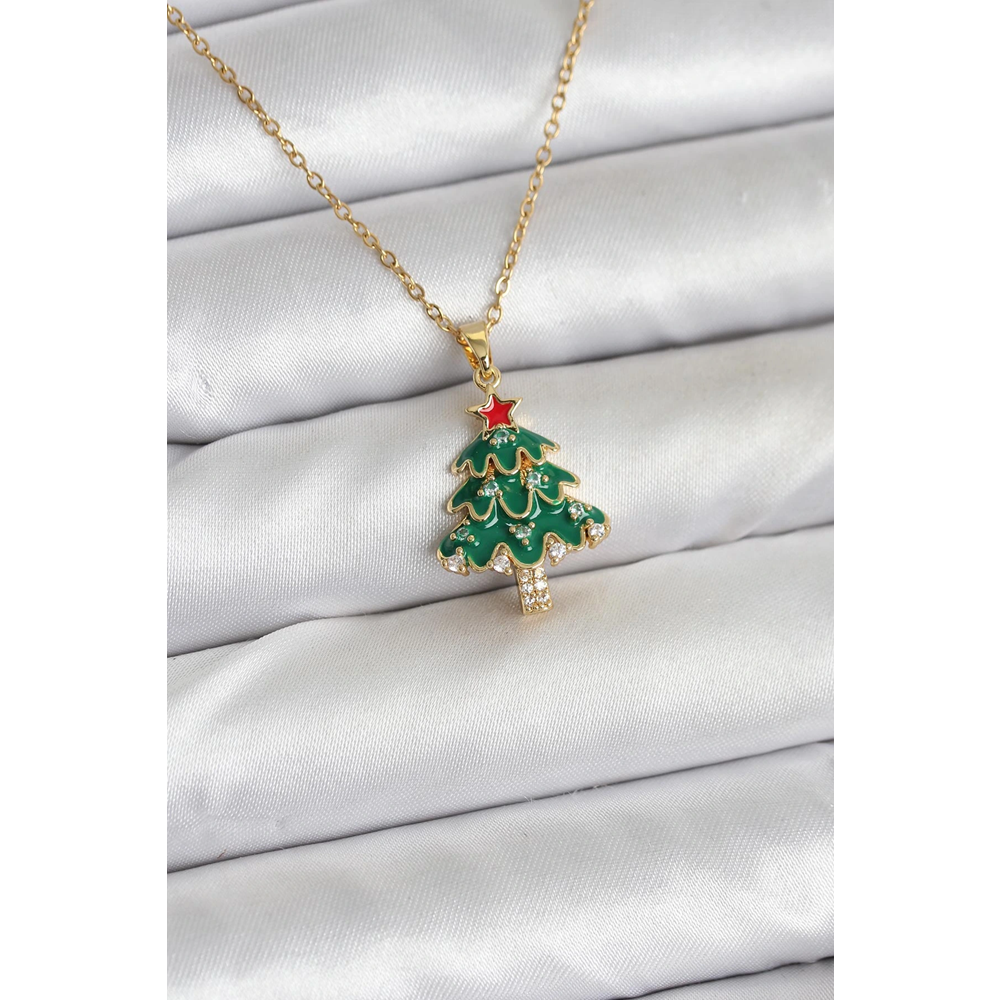 316L Çelik Zincir Gold Renk Çam Ağacı Model Yılbaşı Temalı Kadın Kolye