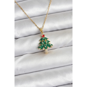 316L Çelik Zincir Gold Renk Çam Ağacı Model Yılbaşı Temalı Kadın Kolye