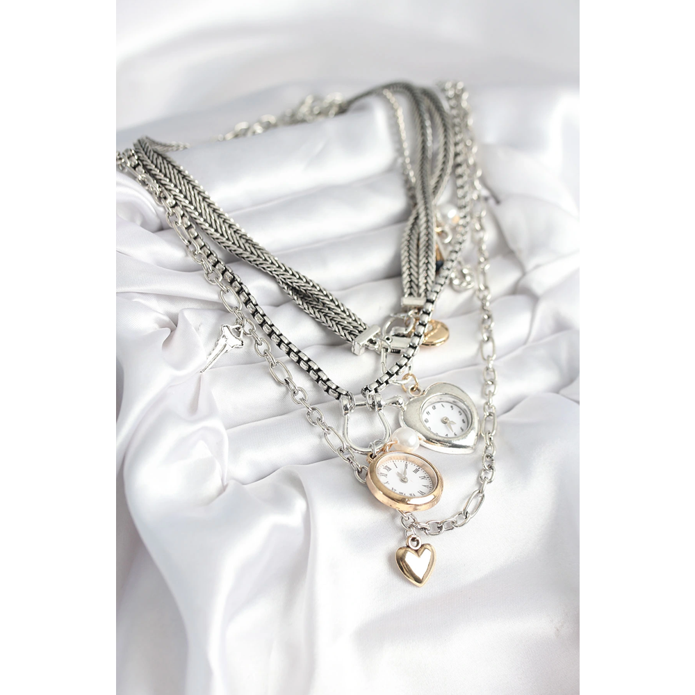 Otantik Gümüş Renk Kadın Kolye Kombini