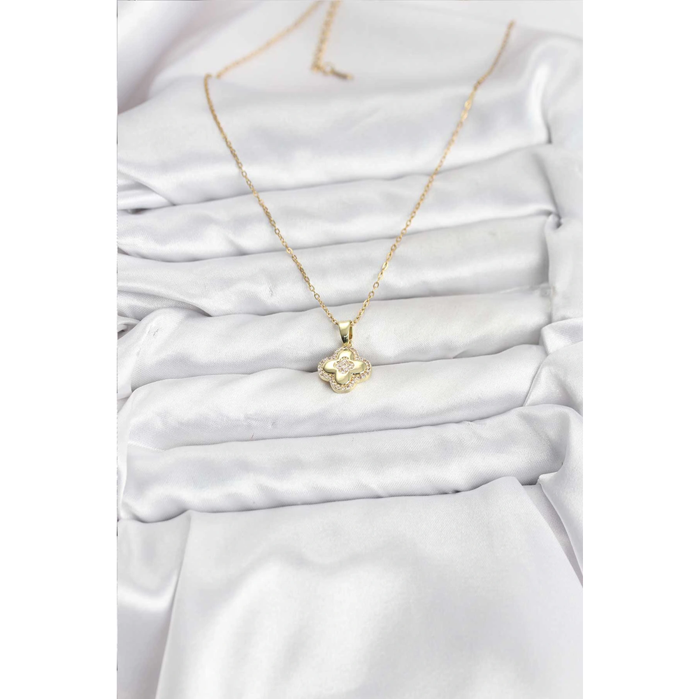 316L Çelik Zincir Gold Renk Zirkon Taşlı Yonca Model Kadın Kolye