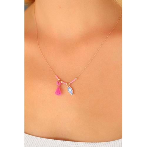 Nazar Boncuklu Pembe Renk Taşlı Rose Bayan Kolye