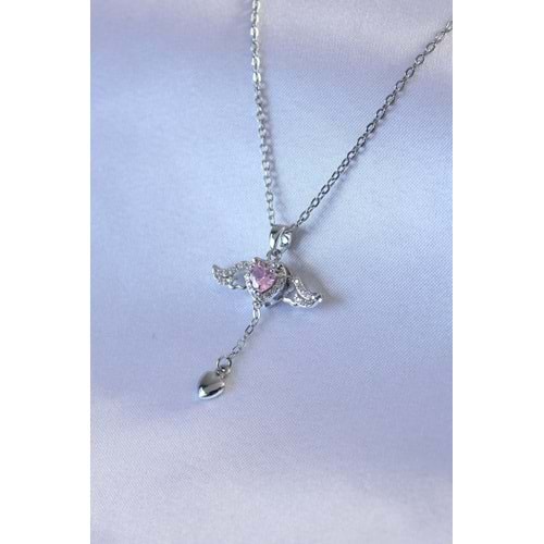 316L Çelik Gümüş Renk Kanatlı Kalp Figür Zirkon Taş Detay Kadın Kolye